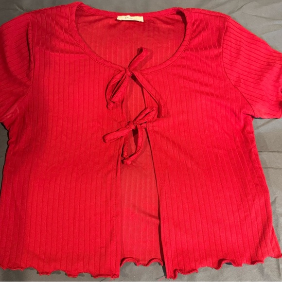 Red Ribbed Tie-Front Top - Picture 1 of 3
